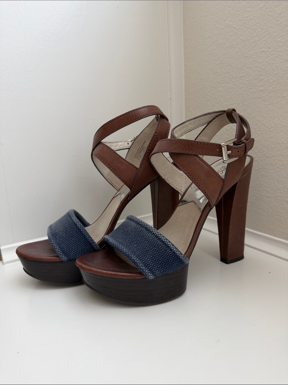 Michael Kora Brown Leather and Navy Platform Block Heel Sandals